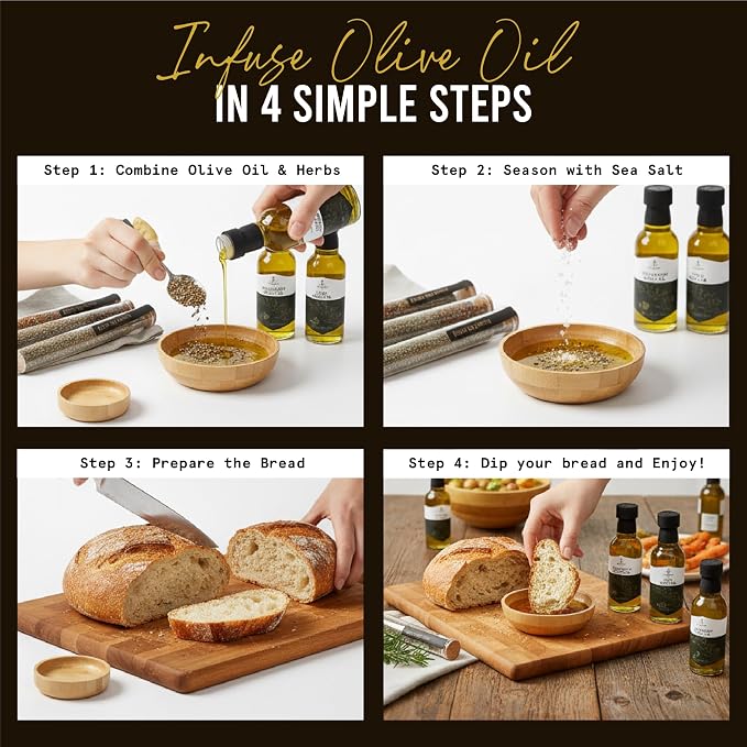 Infused Olive Oil Gift Set – Variety Pack - 4 Flavored Olive Oil Extra Virgin, 3 Spice Flavorful Infusion Blends, Bread Dipping Bowl & Recipe Booklet - Set of 8 – Gourmet Cooking Gifts for Women - Gift For Dad
