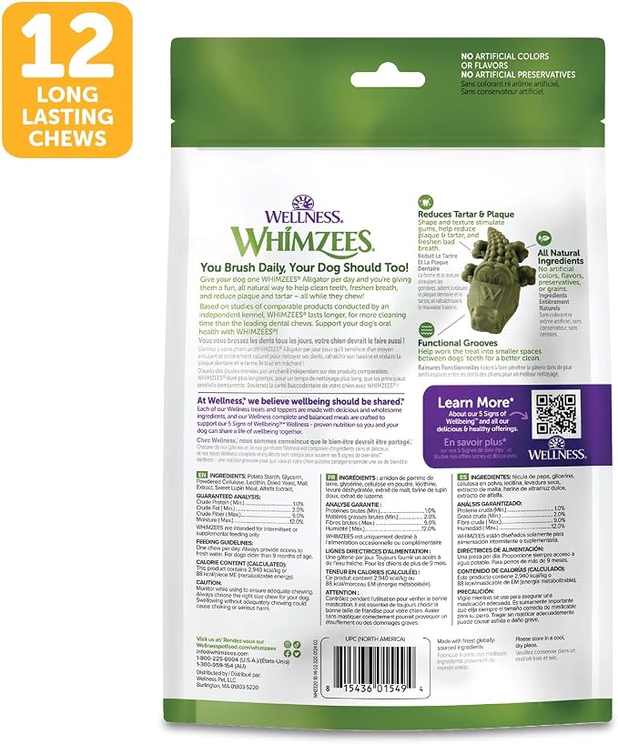 Whimzees Wellness Alligator Natural Dog Dental Treat, Chews, Freshens Breath, Medium Size, 12.7 oz Bag, 12 Count