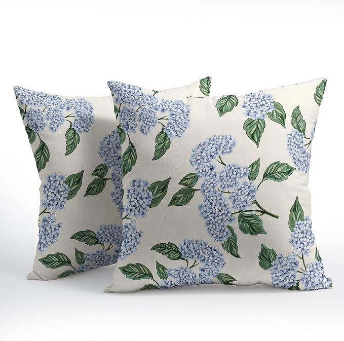 Square Blue Hydrangea Flower Pillow Covers 18x18 Inch Set of 2 Spring Blue Floral Cornflower Throw Pillow Cases Outdoor Linen Square Cushion Cover Farmhouse Decor for Bedroom Home Sofa Couch Bed