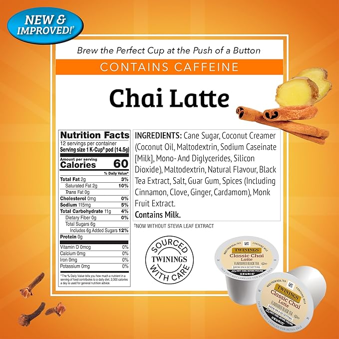 Twinings Chai Latte Black Tea K-Cup Pods for Keurig, 22 Count (Pack of 1), Creamy, Slightly Sweet, Less Sugar, Caffeinated, Enjoy Hot or Iced