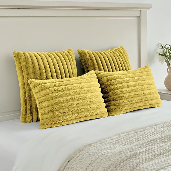 FUTEI Pack of 2 Faux Fur Throw Pillow Covers 24x24 Inch, Mustard Yellow | Fluffy Faux Rabbit Fur Front/Premium Velvet Back,Hidden Zipper,Machine Washable,Non-Shedding,Colorfast,Insert Not Included.