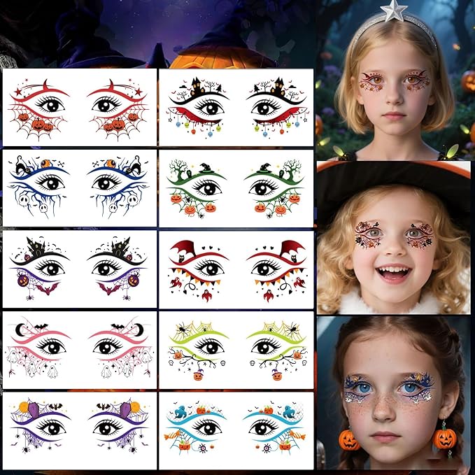 10 Sheets Halloween Temporary Tattoos Colorful Eye Fake Tattoos Halloween Styles Mixed Haunted House Tattoos Waterproof Cobweb Pumpkin Tattoo Cute Ghost Stickers for Kids Boys Girls Body Art Makeup