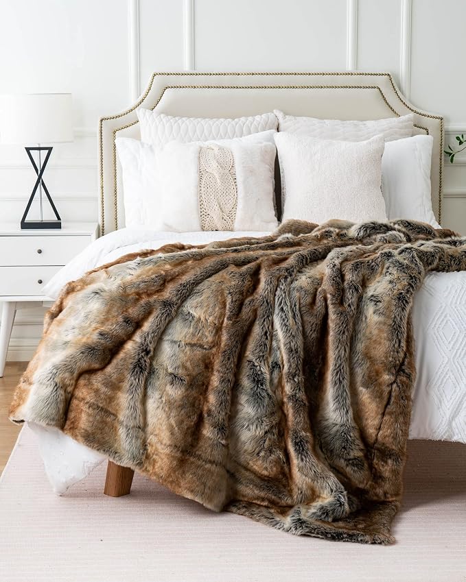 BATTILO Luxury Brown Faux Fur Throw Blanket for Couch,50"x60", Shaggy | Super Thick Warm Elegant Cozy Plush Furry Fuzzy Fluffy Faux Fur Blankets for Bed, Sofa, Living Room, Home Decor