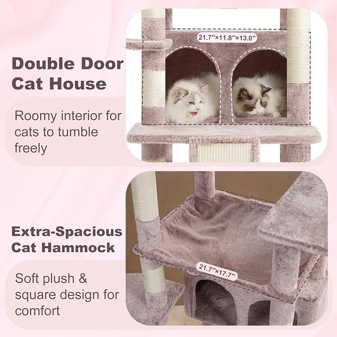 Heybly Tall Cat Tree for Large Cat, 80-inch Multi-Level Cat Tower HCT038MU | Condo Furniture for Indoor Cats with Large Baseboard, 2 Widened Plush Perches, Scratching Board, Big Caves, Rosy Brown