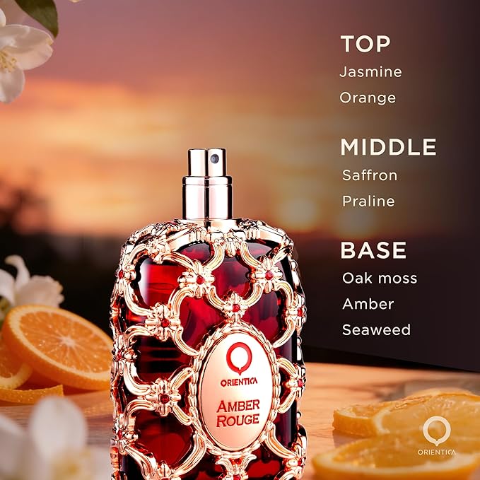 Orientica Luxury Collection Amber Rouge Eau De Parfum 0.25 Oz/7.5ml Mini Splash - Woody, Amber, Saffron, Praline, Jasmine, Orange, Oak Moss, Seaweed - Arabic Perfume for Men & Women