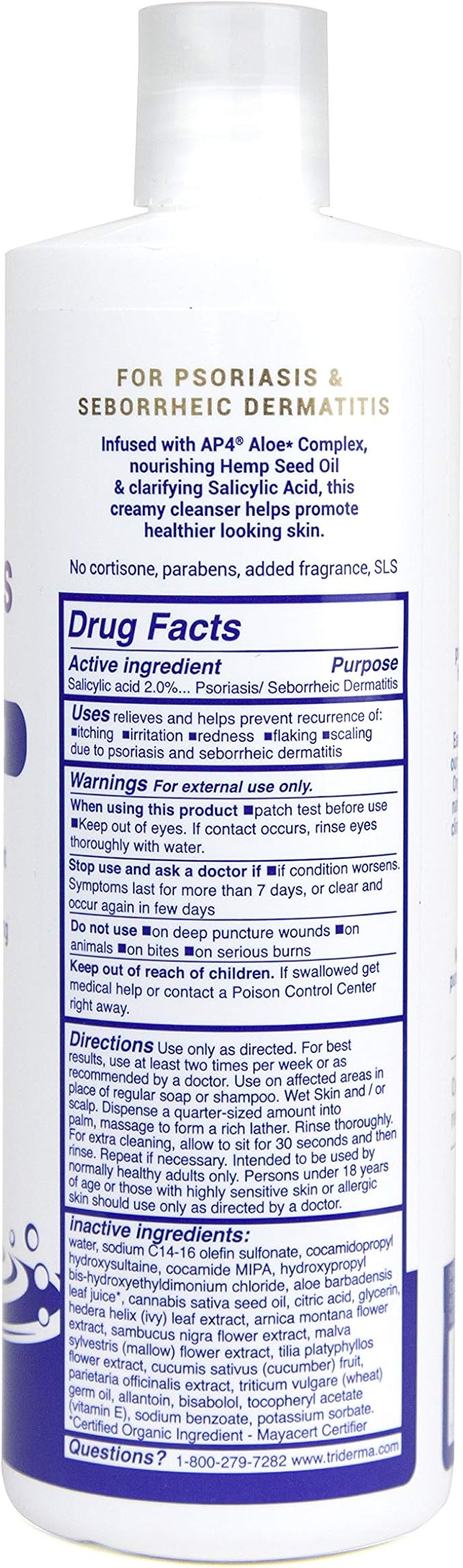 TriDerma Psoriasis Control Body Wash - Gentle 2% Salicylic Acid Cleanser, AP4 Aloe Vera Gel - Psoriasis Treatment Soothes Itching, Redness, Flaking - No Cortisone or Coal Tar - 16 oz