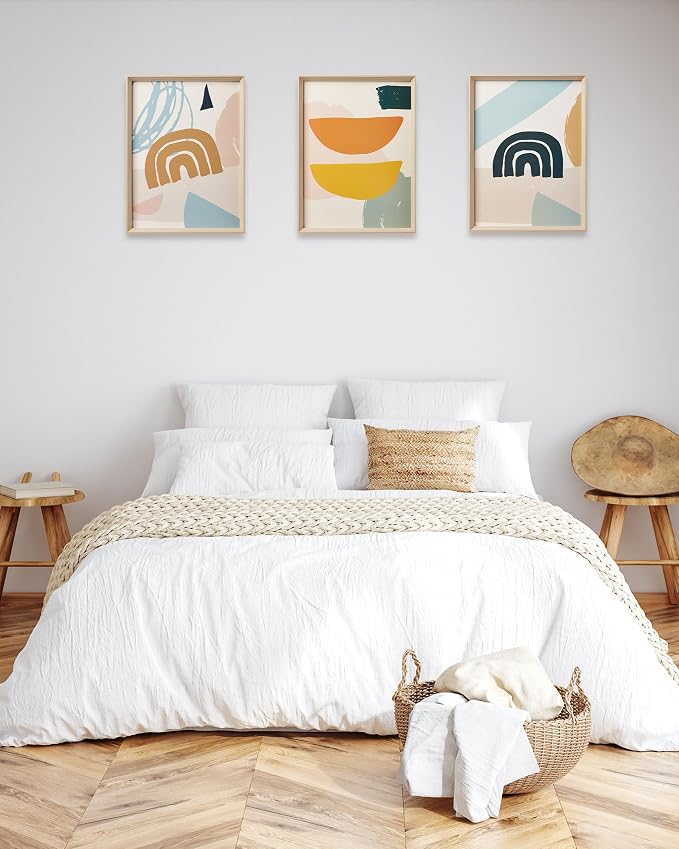 12x16IN Framed Boho Wall Art for Bedroom Set of 3 | Abstract Canvas Wall Decor, Minimalist High Framed Wood Design Prints for Living Room Bathroom