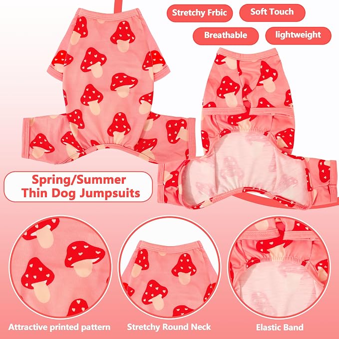 Dog Pajamas Summer Cute Print Puppy Jumpsuit Thin Dog Onesie Small Dog Clothes with Comfy & Elastic Frbic Puppy Pjs(Peach Mushroom,Small)