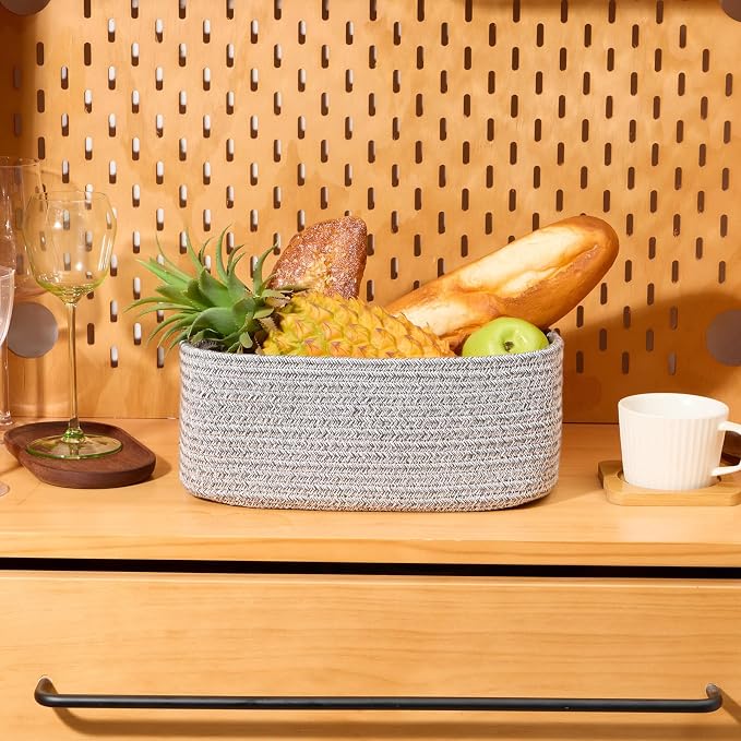 MiniArk Small Storage Baskets for Organizing | Closet Organizer Bins | Shelf Toy Basket | Woven Rope Baskets | Cube Decorative Box | Shallow Basket | 11.5x7.5x4.7” | 3 Packs Mixed Grey