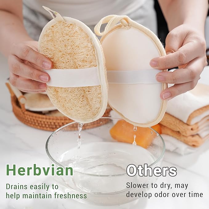 Herbvian Vietnamese Natural Loofah Exfoliating Body Scrubber Pads, 100% Plant-Based Shower Luffa Sponge, Bath Loofah for Women Men, 2-Pack
