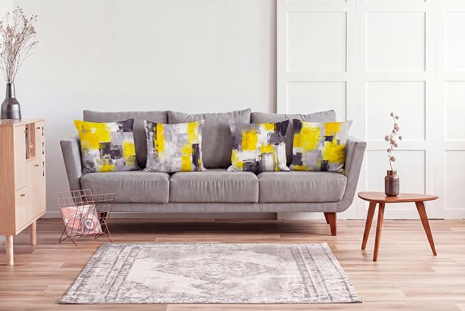 Yellow Grey Abstract Throw Pillow Covers 18x18 Set of 4 | Mustard Yellow & Grey Modern‑Art Cushion Cases, neutral aesthetic pillowcases for sofa, bedroom & chair.