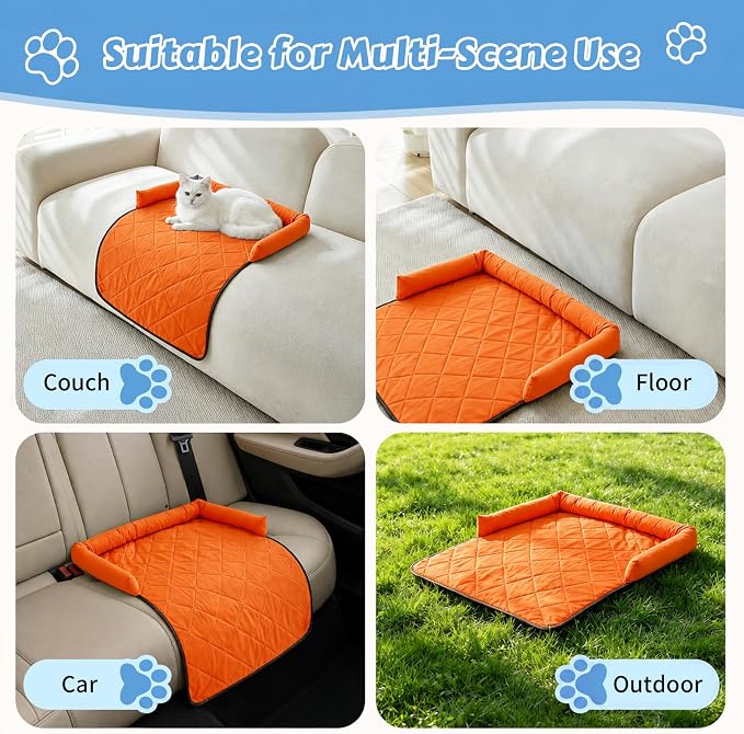 Cooling Dog Bed Mats with Neck & Head Support, 31.5 x 23.62 inch Orange | for Small and Medium Dogs & Cats, Non-Slip, Machine Washable, Protects Sofa from Fur & Scratches