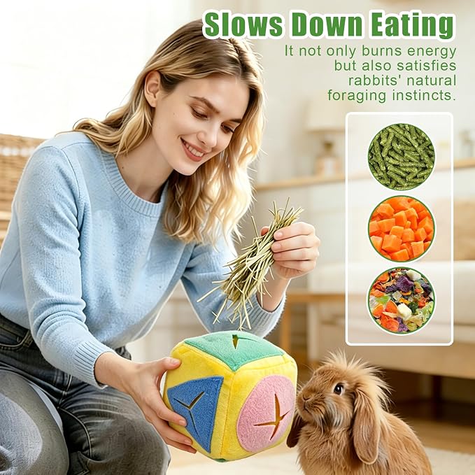 Rabbit Foraging Toy with Bell,Puzzle Feed Game Guinea Pig Fun Enrichment Toys Boredom Relief,Washable Snuffle Interactive Treat Ball Dispenser Exercise Bunny Toys for Indoor Bunnies(Yellow)