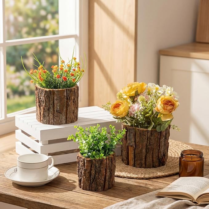 3 Pcs Wooden Vase for Centerpieces Wedding Flower Table Centerpieces Woodland Party Decor Rustic Farmhouse Bark Stump Buckets Vintage Planter Pots for Garden Baby Shower Window Home (L+m+s)