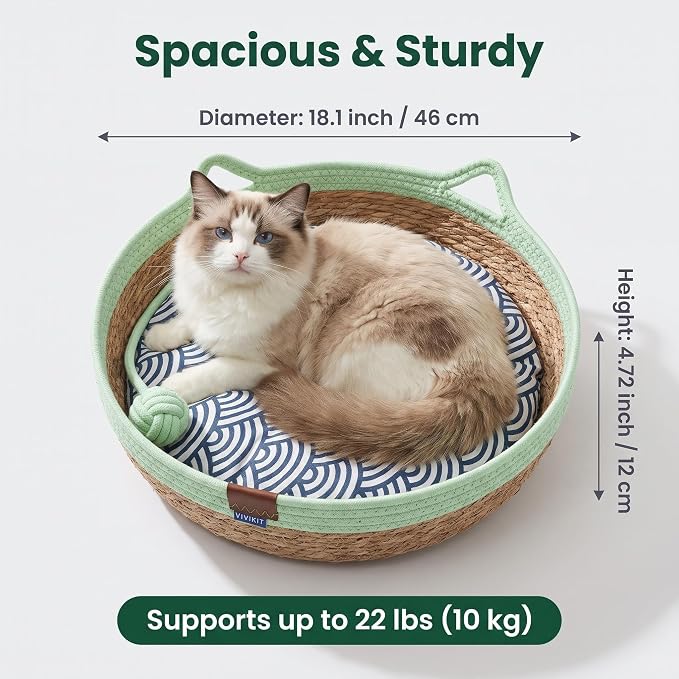 VIVIKIT Natural Cattail Cat Bed for Indoor Cats, 18.1" x 4.7" (Green) | Natural cattail, cotton trim, all season, scratch-proof, teaser ball, removable washable pad, for cats & dogs up to 22 lbs