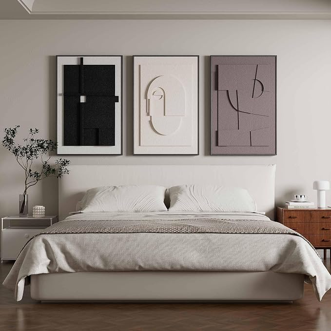 Thalasse Modern Abstract Wall Art Large Framed 3D Black Beige 24x36 In | Textured relief artwork, geometric sandstone plaster, living room entryway foyer decor, set of 3