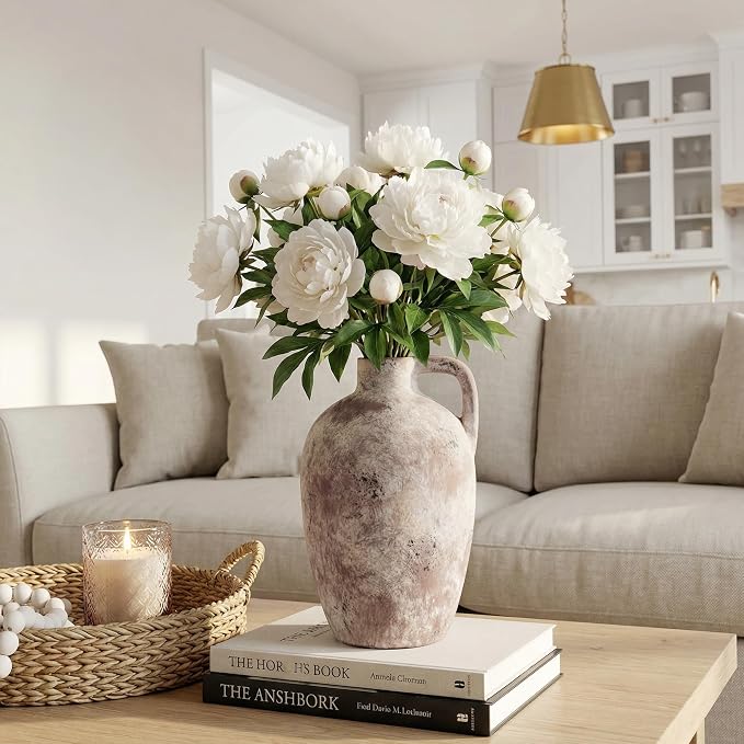 Ceramic Flower Vase with Handles,10" Neutral Tall Clay Terracotta Vases Farmhouse Table Vases with Handle Living Room Decor Rustic Pottery Pots for Home Shelf Coffee Dining Desk Fireplace