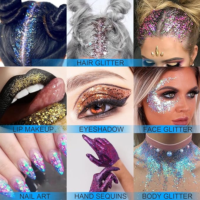 Holographic Face Glitter Gel Body Shimmer Makeup for for Hair, Face, Clavicle, Arm, Nail, Eyeshadow, Long Lasting Waterproof Mermaid Sequins Party Glitter for Rave Festival, 1.35oz (Pure Silver #10)
