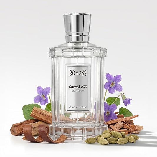 ROMASS Santal 033 Unisex EDP Parfum Spray 100ML Aromatic Woody Fragrance with Cardamom Violet Cedarwood Sandalwood Vetiver Musk Leather Violet