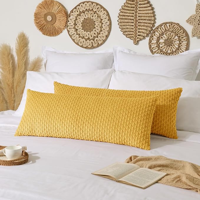 Kevin Textile Soft Corduroy 20"x54" Pillow Cover 1 Pack, Mustard Yellow | Boho Stripe Plush Corduroy Decorative Oblong Cushion Cover Modern Farmhouse Home Decor for Sofa Couch Bed Chair