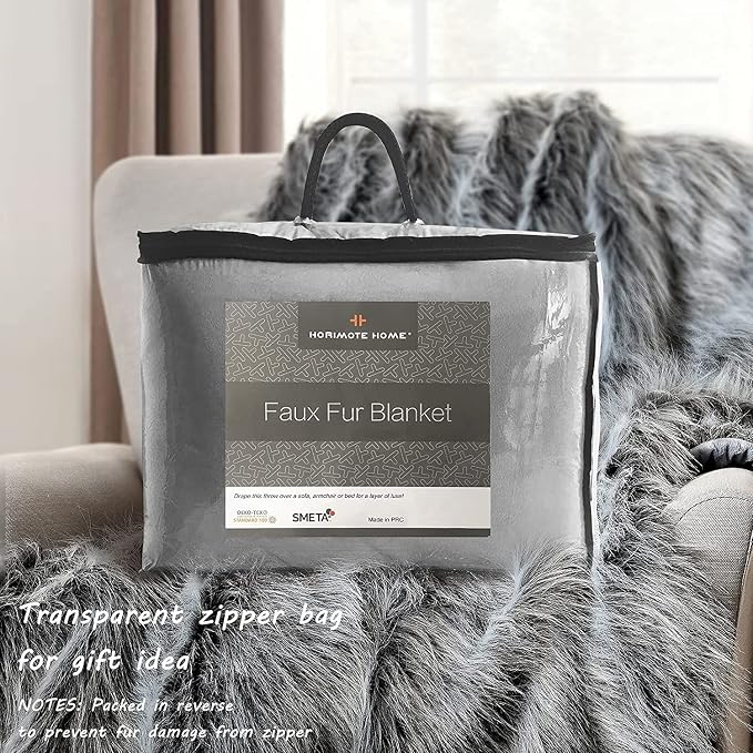 Luxury Faux Fur Blanket Queen Size, Ultra Big Grey and Black High Pile Mixed Faux Fur Throw, Oversized Super Warm, Fuzzy, Elegant, Fluffy Decoration Throw Blanket for Sofa, Couch and Bed, 90''x 90"
