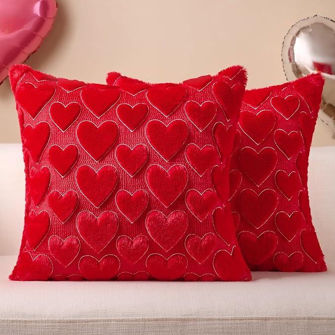 Softalker Red Heart Pillow Covers 18 x 18 Inch Set of 2, Mother's Day Decorative Soft Faux Fur Cushion Covers, 3D Embroidered Pillow Cases for Spring Summer Home Decor