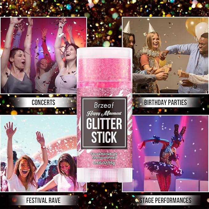 Brzeaf Christmas Pink Glitter Stick, Not Greasy & Long Lasting, Chunky Glitter for Face/Body/Hair/Eyes/Lip, Singer Concert Music Rave Festival, Glitter Stick Makeup & Face Glitter Gel for Women Men