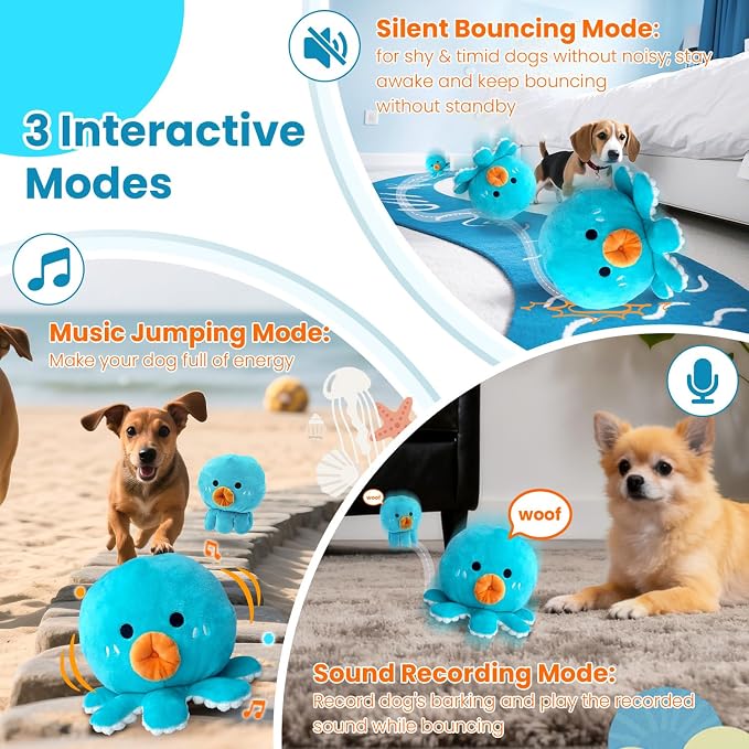 Interactive Dog Toys, Moving Squeaky Octopus Toy with Bouncing Ball, Rechargeable Rolling Dog Toy for Small Medium Large Dogs to Keep Them Busy, Jumping Music Talking Recording Mode