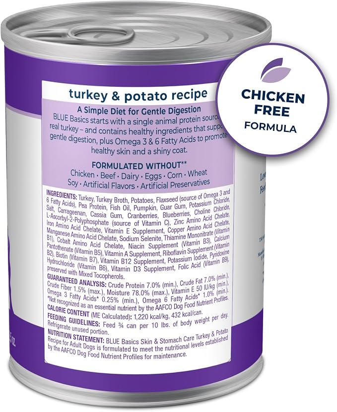 Blue Buffalo Basics Turkey Adult Grain-Free Wet Dog Food, 12.5 oz, 12 ct | Skin & Stomach Care, Real Turkey #1 Ingredient, Limited Ingredient Diet, Antioxidant-Rich LifeSource Bits, Skin & Coat Health
