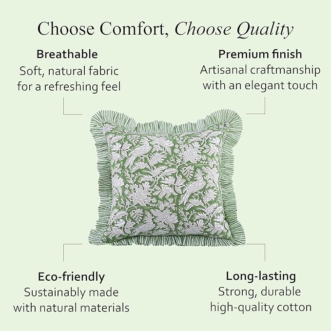 CPC Olive Green Ruffle Throw Pillow Covers for Couch, 18x18 Inch Cotton Stripe Ruffle Couch Pillows for Living Room, Hidden 14 Inch Zipper Boho Pillow Case or Cute Outdoor Pillows