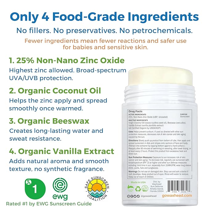 Waxhead Zinc Oxide Sunscreen Stick SPF 30 – Mineral Sunblock for Face & Body, Sport & Surf Reef Safe, Waterproof, Baby & Kids Safe for Sensitive Skin, Non-Nano Organic Tattoo Protection (White, 3.7oz)