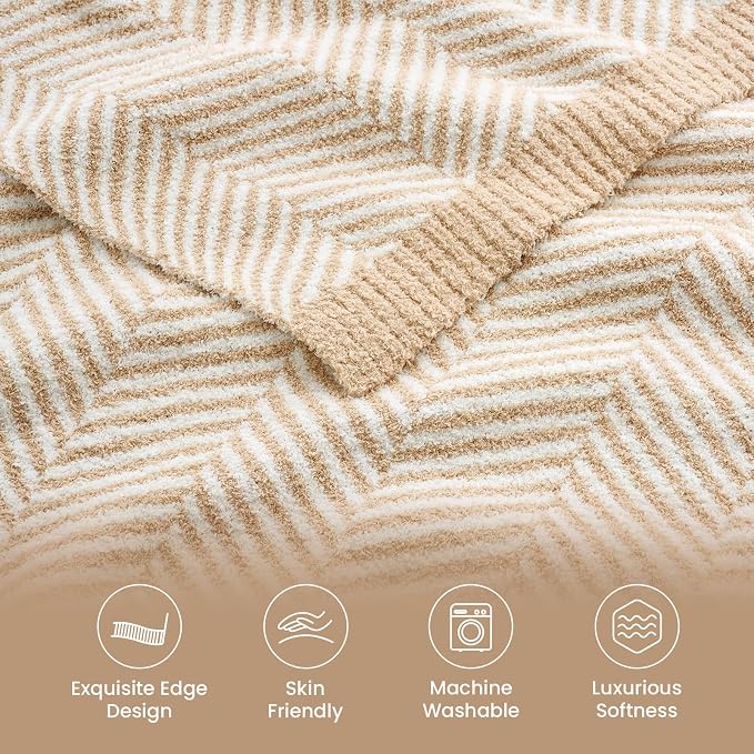 Snuggle Sac Herringbone Throw Blanket for Couch, Reversible Super Soft Warm Blankets Cozy Knit Fuzzy Plush Lightweight Throws for Sofa, Bed, Camping, Beige, 50x60 inches