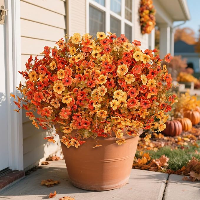 24 Pcs Artificial Fall Flowers, Fake Mums Outdoor, Mixed Orange | Lifelike faux mums, silk flower, UV resistant, no-maintenance, for autumn Thanksgiving garden porch yard indoor outdoor decor