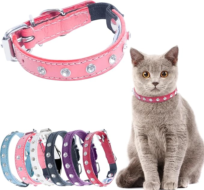 Athens Cat Collar, Leather Kitten Collar w/Rhinestones, Sturdy Breakaway Cat Collar with Bell & Elastic Stretch, Cat Accessories, Bubblegum Pink, 10 x ½ inches - Angel Pet Supplies