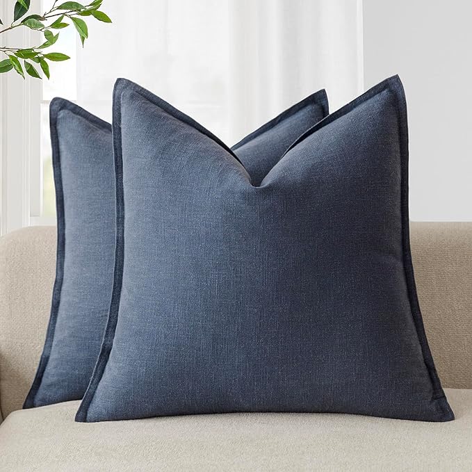 Foindtower Pack of 2, Decorative Linen Solid Throw Pillow Covers Soft Accent Square Cushion Case Boho Farmhouse Pillowcase for Chair Couch Sofa Bedroom Living Room Home Decor 24 x 24 Inch Navy Blue