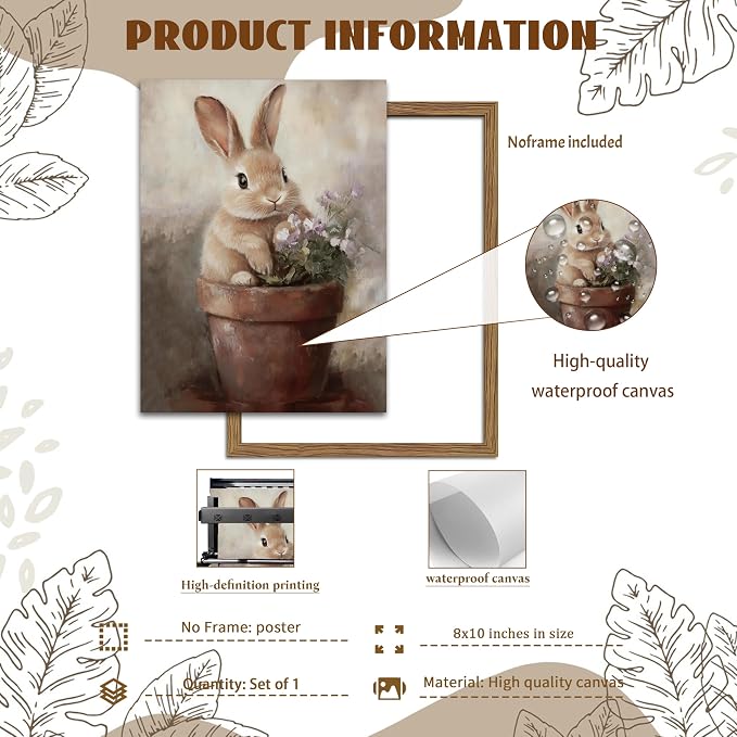 AKWISH Vintage Easter Wall Art Poster, Cute Rabbit in Flower Pot Picture Prints, Cottage Farmhouse Bunny Canvas Artwork, Holiday Wall Decor for Kids Room Girls Bedroom Living Room 8x10 inch Unframed