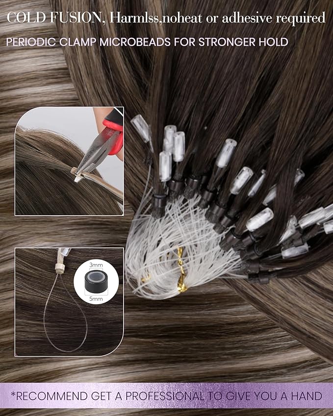 LaaVoo Microlink Hair Extensions Human Hair Brown Micro Beads Hair Extension Balayage Dark Brown to Ash Brown Mix Brown Micro Extensions Human Hair 22 Inch 50g 50s