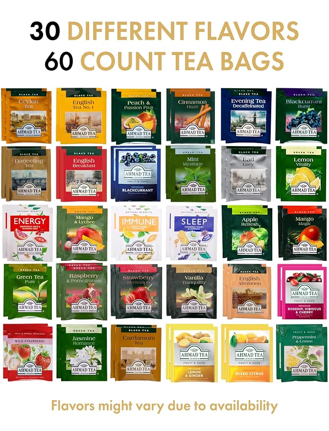 Ahmad Tea Bags Sampler Assortment Variety Pack in Bamboo Organizer (60 Count) 30 Flavors of Tea (2 Packs of Each Tea Type)