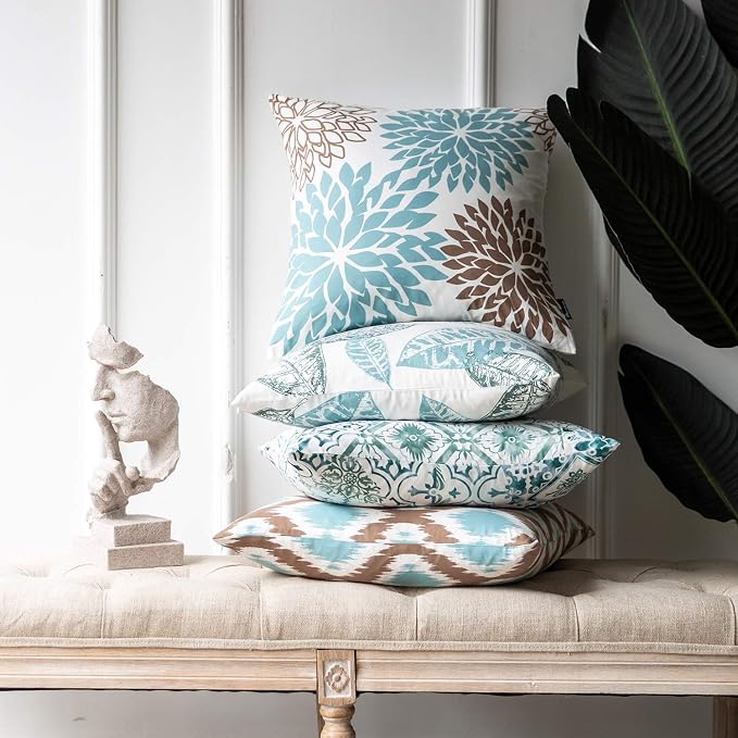 Phantoscope Set of 4 New Living Series Leaf Geometric Throw Decorative Pillow Cover Cushion Cover, Blue and Coffee, 22 x 22 inches, 55 x 55 cm