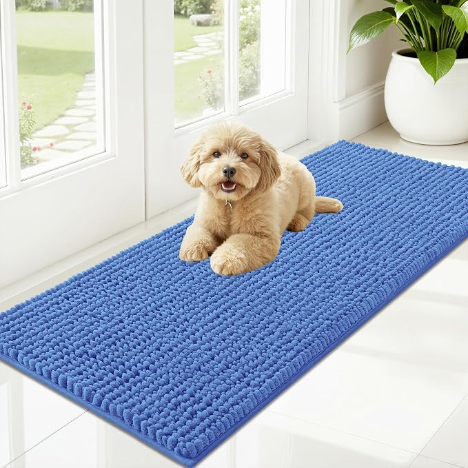 OLANLY Dog Door Mat for Muddy Paws 47x20, Extra Absorbent Chenille Mud Mat | Cornflower Blue, Absorbs Moisture and Dirt, Non-Slip Machine Washable Doormat, Quick-Dry Indoor Entryway Floor Mat for Dogs