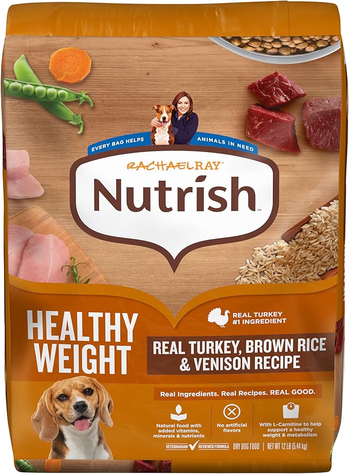 Nutrish Healthy Weight Dry Dog Food, 12 lb. Bag (Rachael Ray) | Turkey, Brown Rice & Venison Recipe, Made With L-Carnitine to Help Support a Healthy Metabolism, No Artificial Flavors