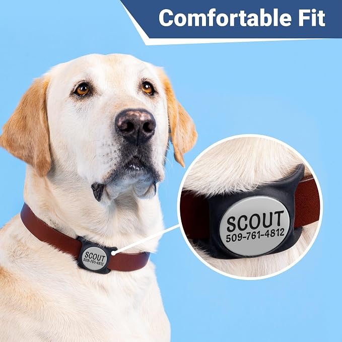 GoTags Personalized AirTag Dog Collar Holder, Engraved Tracker Case for Pet Collar, Custom Text with Phone Number, Slide On Tag for GPS Nameplate, Track Dogs with Apple iPhone, 4 Colors (Small)