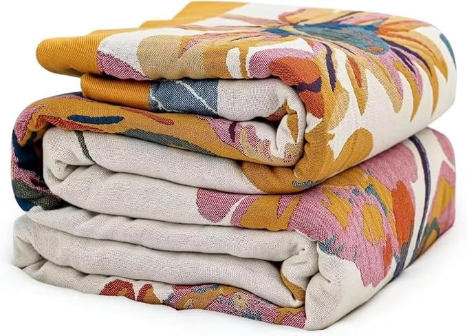 Boho Throw Blanket for Bed 100% Cotton Bohemian Blankets Ultra Soft Woven Muslin Decorative Blankets All Seasons Vintage Quilt Knitted Blanket for Sofa Chair(Yellow, 80"x90")