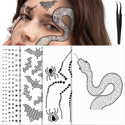 YGDZ Face Gems, Halloween Face Jewels Stickers, Spider, Bats, Snakes Hair Gems for Women, Black Stick On Rhinestones for Halloween Makeup, Rave Accessories