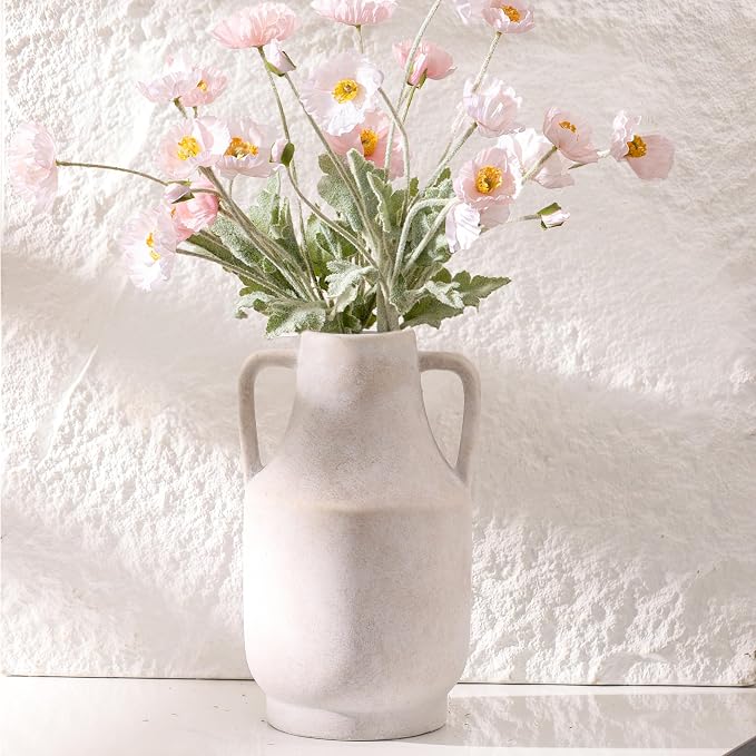Mitt&Ditt Ceramic Flower Vase with Handles, 11 inch Tall Off-White Vase, Large Decorative Terracotta Vases, Farmhouse Rustic Pottery Vases for Home Decor, Living Room, Table