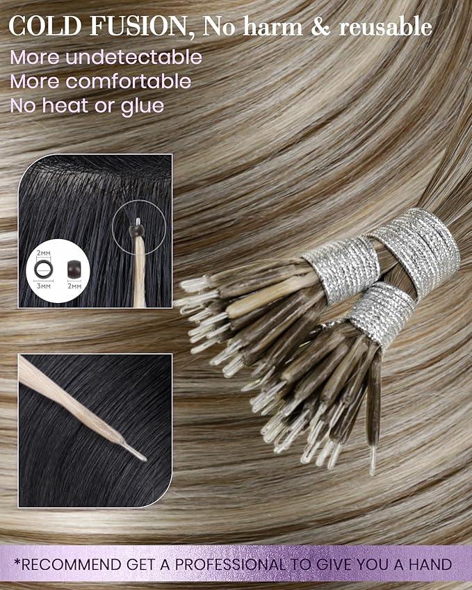 LaaVoo Nano Bead Hair Extensions Nano Ring Hair Extensions Light Blonde Highlight Golden Brown 50g/50s 24 Inch