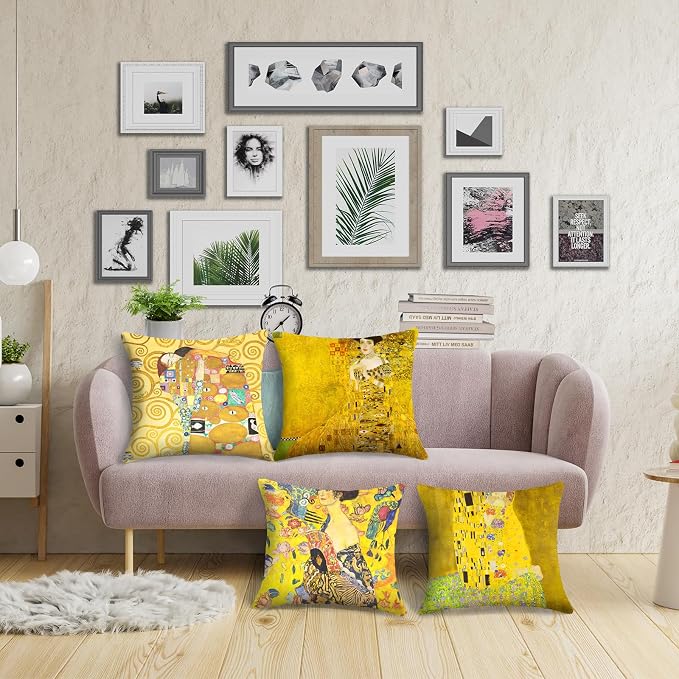 Klimt Art Pillow Covers 18x18 inch Set of 4 Famous Painting The Kiss by Gustav Klimt Cushion Covers Yellow Modern Decorative Pillow Cases for Sofa Couch Bed Office