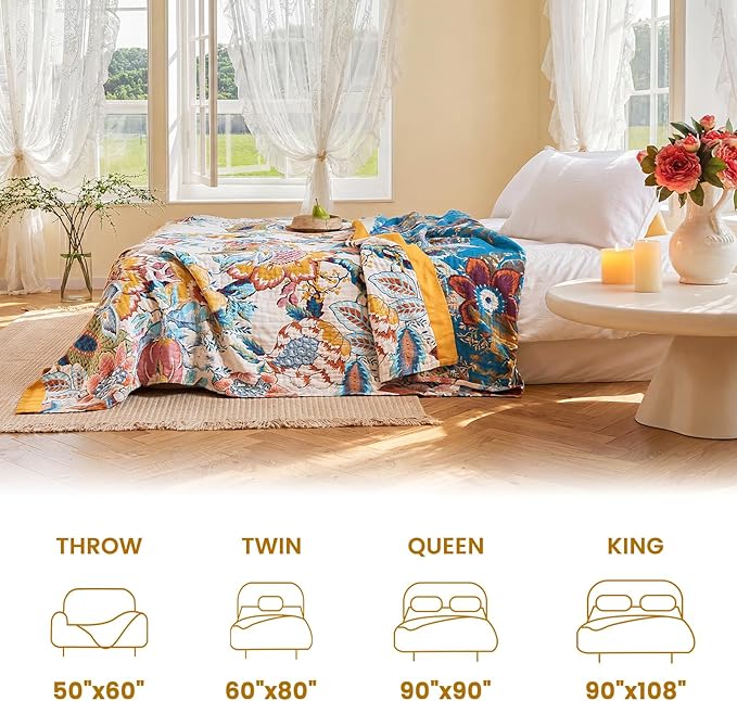 MSGKV Boho Throw Blanket 60"x80" Summer Cotton Floral Blanket for Couch Bed | Muslin Throw, Floral Pattern, Reversible Woven, Twin Size Blanket, Lightweight Comfort, Farmhouse Decor, Machine Washable