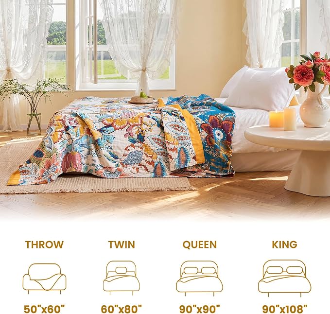 MSGKV Boho Throw Blanket 50"x60" 100% Cotton Floral Muslin Throw for Couch | 100 Cotton Throw, Floral Pattern, Reversible Woven, Summer Breathable, Lightweight Comfort, Farmhouse Decor, Machine Washable