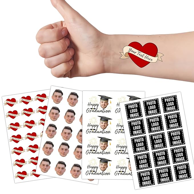 Ubmpj Custom Temporary Tattoos Personalized Temporary Tattoos with Photo Face Name Text for Graduation Bachelorette Birthday Party Wedding Bride Groom